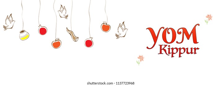 Yom Kippur header or banner design, Line art illustration of flying pigeons with hanging pomegranates, apples, shofar horn and mud pots on white background 