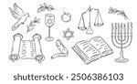 Yom Kippur holiday doodle set. Monochrome vector contour stickers with shofar, menorah and Torah book and scroll isolated oh white background. Sketchy drawing of items related to Jewish holiday