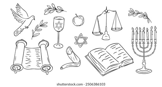 Yom Kippur holiday doodle set. Monochrome vector contour stickers with shofar, menorah and Torah book and scroll isolated oh white background. Sketchy drawing of items related to Jewish holiday