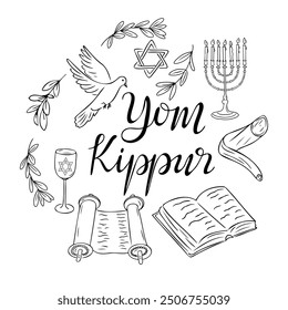 Yom Kippur holiday doodle set with calligraphic text Yom Kippur. Monochrome vector composition with items related to Jewish holiday isolated oh white background. Sketchy outline drawings