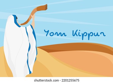 Yom Kippur holiday. Man trumpeting a shofar in traditional garb, with the desert as a backdrop