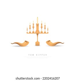 Yom Kippur Jewish holiday with candles and shofar. . Vector illustration.