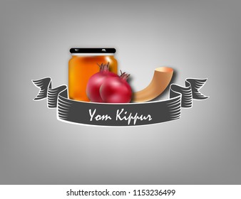 yom kippur poster, flyer and template design illustration with shofar, honey. jewish holiday background.