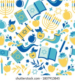 Yom Kippur seamless pattern with candles, apples and shofar and sybols. Jewish holiday background. Vector surface print illustration on white.