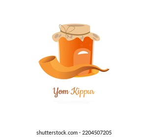 Yom Kippur, Shofar and honey Glass jar isolated on white background, vector illustration.