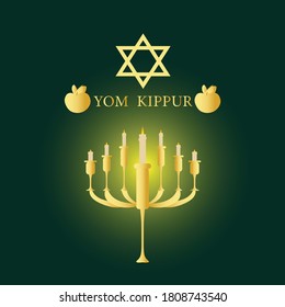 Yom Kippur vector illustration with candles and green background.