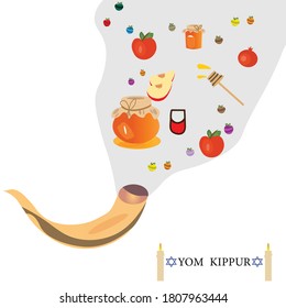 Yom Kippur  vector illustration with traditional things apple , pomegranate , honey and shofar.