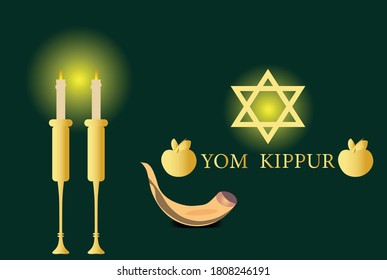 Yom Kippur  vector illustration with traditional things apple and shofar with  candle and green background.