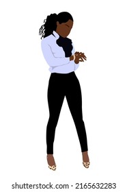 Yong african american business woman looking at her watch. Attractive black girl wearing smart casual office outfit. Cartoon style  Vector fashion art illustration isolated on white background. 