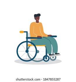 Yong black man sitting in wheelchair. International Day of Persons with Disabilities. Flat vector illustration.