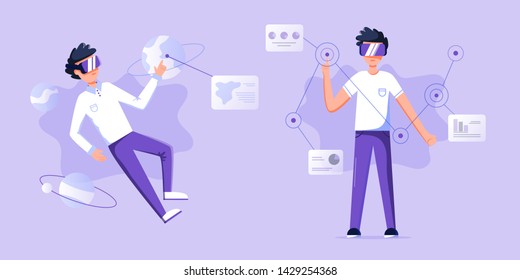 Yong business man using virtual reality glasses and touching vr web interface. Business analysis, graphs, diagrams, finance statistic data. Virtual reality for education and games