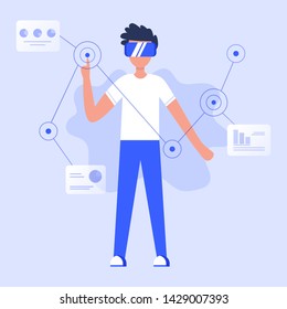 Yong businessman using virtual reality glasses and touching vr web interface. Business analysis, graphs, diagrams, finance statistic data. Vector flat cartoon illustration