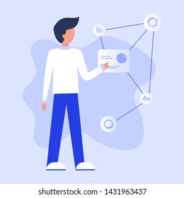 Yong businessman using virtual reality glasses and touching vr web interface. Business analysis, graphs, diagrams, finance statistic data. Vector flat cartoon illustration