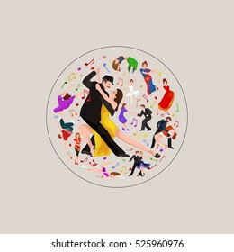 Yong couple man and woman dancing tango with passion, dancers vector illustration isolated