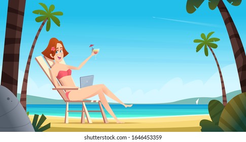 Yong female lying on sunbed with notebook and drinks tropical cocktail. Remote working concept