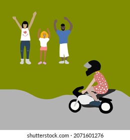 Yong girl drives motorbike in helmet. The family is rooting for a girl who participates in youth motorcycle races. Colorful isolated flat vector illustration on green background