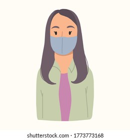 Yong girl in face mask to prevent virus. Vector hand drawn illustration.