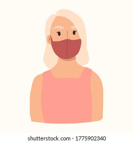 Yong girl in face mask to prevent virus. White hair and pink blouse.Vector hand drawn illustration.