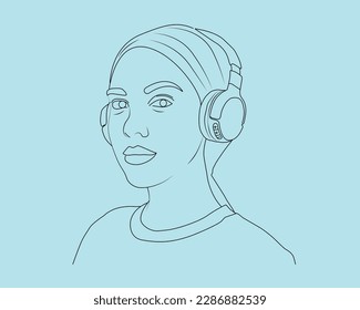 Yong girl headphone on head vector line arts