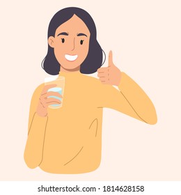 Yong girl girl holds a glass of water and shows a thumbs up.Water balance concept. Vector hand drawn illustration.