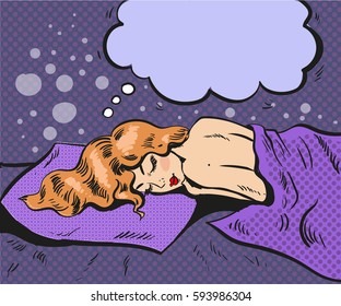 Yong girl sleeping at night and dreaming. Pop art retro comic style vector illustration with dotted texture
