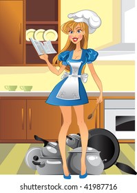 Yong kitchen mistress with cook book on the kitchen