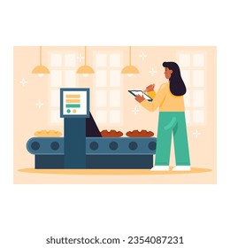 Yong lady in uniform holding clipboard and pencil, checking quality of bread in factory. Worker controls baking process of long loaf in bakery. Vector illustration in blue and yellow colors
