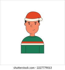 Yong man  christmas avatar. Santa Claus hat. Male character. Cheerful head portrait. Flat vector illustration isolated on white background.