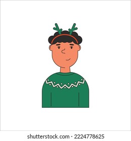 Yong man  christmas avatar. Smiling male character with
deer horns. Cheerful head portrait. Flat vector illustration isolated on white background.