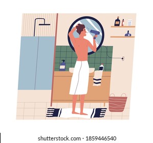 Yong man drying hair with hairdryer in bathroom. Guy standing with bath towel on hips and looking at mirror while using blow dryer. Daily morning routine. Everyday hygiene. Flat vector illustration