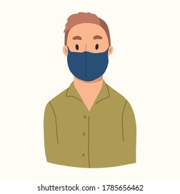 Yong man in face mask to prevent virus. Brown hair and green blouse.Vector hand drawn illustration.