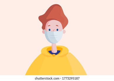 Yong man face in protective mask. beige background. Covid-19 self-isolation, coronavirus quarantine, global danger. Vector illustration