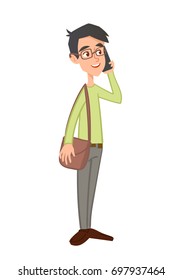 The yong man in glasses talking on phone. Happy student communicates on smart-phone.