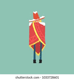 Yong man in red poncho and hat freezing and shivering on winter cold vector Illustration