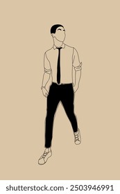 Yong man walking front view. Business man in smart casual clothes hand drawn vector sketch illustration isolated on neutral beige background.