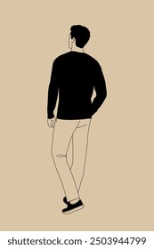 Yong man walking rear view. Business man in smart casual clothes turned back hand drawn vector sketch illustration isolated on neutral beige background.