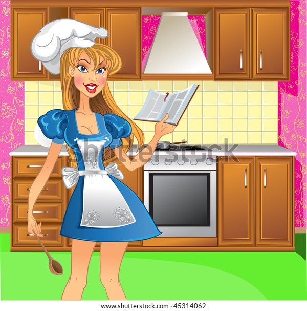 Yong Mistress On Light Pink Kitchen Stock Vector Royalty Free 45314062