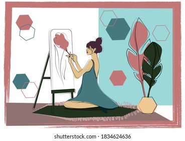 Yong painter sitting on the carpet  and drawsa flower. Vector illustration.