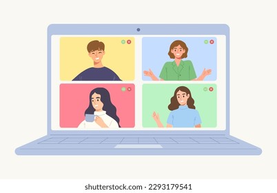 Yong people are on browser in laptop screen. Laptop isolated on white background. Concept of online conference, meeting, webinar, communication, group VDO call. Flat vector illustration character.