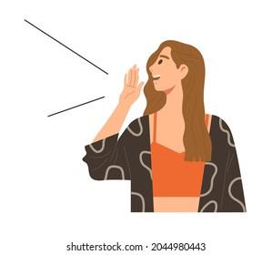 Yong stylish female shouting. Raising hand cover mouth to shout louder. Concept of announcement, promotion, advertising, yelling, voice. Blank space template for message. Flat vector illustration.