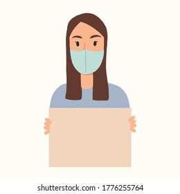 Yong woman holding clean placards in face mask.Virus protection. Bundle of female cartoon characters demonstrating empty banners. Brown hair.Vector hand drawn illustation.