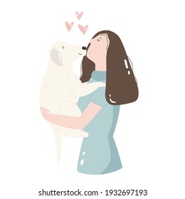 Yong Woman Kissing Her Dog Friend. Best Friends Concept. People And Animals. Vector Illustration