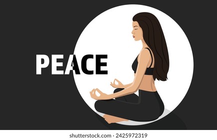 Yong woman practices yoga and meditates in the lotus position. Vector illustration depicts a concept of love and peace. The image conveys a message of relaxation, harmony, and kindness.