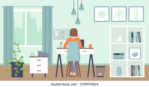 Yong woman sitting at a computer at home. Cozy interior. Home office, Working at home, freelance, remote work concept.Stock vector illustration.