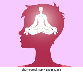 Yong woman sitting in lotus position in head, Meditation, Flat vector illustration, Business concept of creating new good ideas.