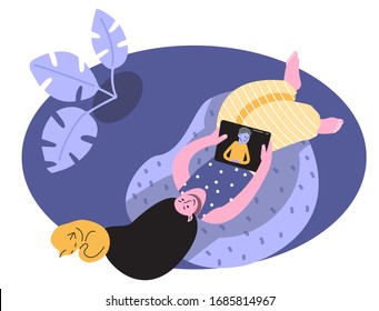 Yong Woman spending time  online. Woman sitting on cozy  beanbag with tablet and cat. Concept Stay at home. Daily life of social media networks user. Vector Cartoon modern illustration