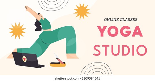 Yong woman watching online yoga classes on laptop, practicing yoga at home.
