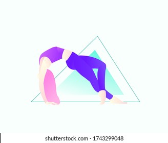 Yong woman yoga practice. Bridge and wheel pose exercise. Editable vector illustration.