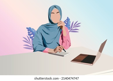 Yong working modern women character Working, education and shopping concept. Beautiful female character Using Laptop, writing, sitting in cafe 