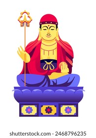 Yonggungsa and Buddha statue - modern flat design style single isolated image. Neat detailed illustration of statue of the enlightened, patronizing sailors. Korea attractions and tourism idea